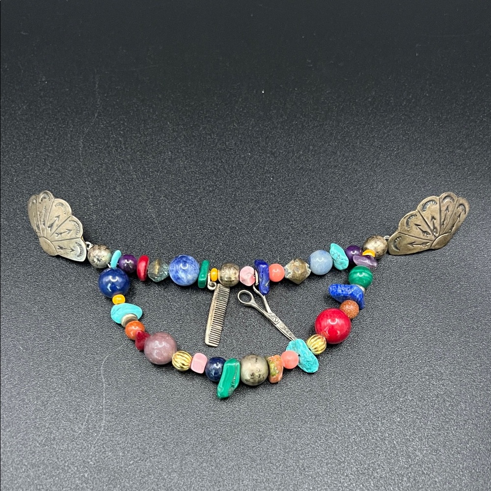 OOAK Native American Double-Strand Gemstone Brooch w/ 925 Scissors & Comb Charms